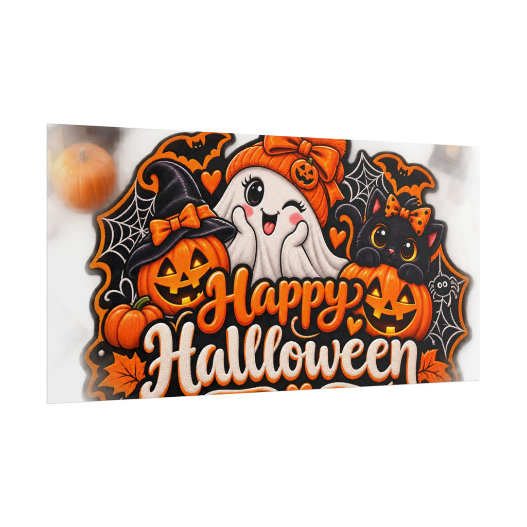 Happy Halloween Rolled Poster — Cute Ghost, Pumpkins & Black Cat Halloween Wall Art
