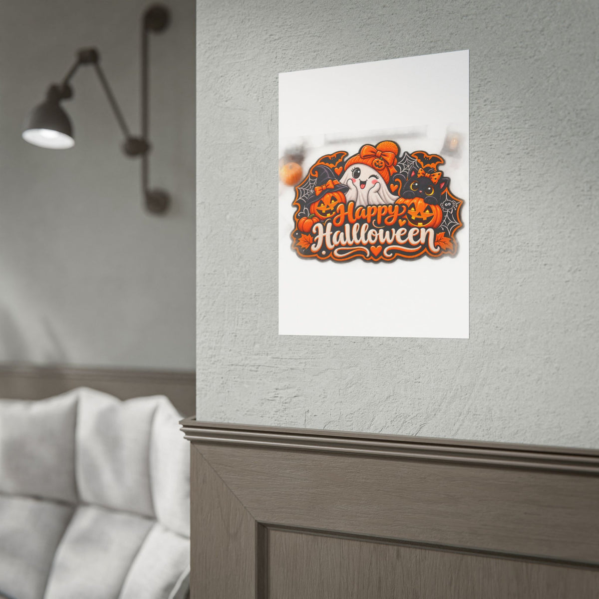 Happy Halloween Rolled Poster — Cute Ghost, Pumpkins & Black Cat Halloween Wall Art