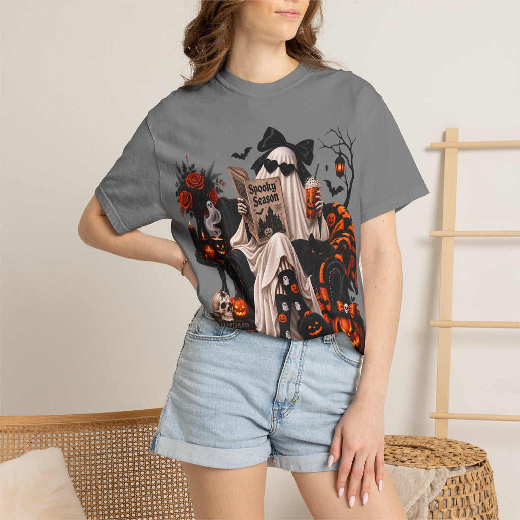 Halloween Ghost Reading T-Shirt — Spooky Pumpkin & 'Spooky Season' Graphic