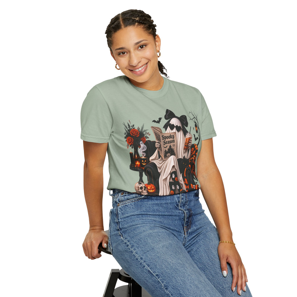Halloween Ghost Reading T-Shirt — Spooky Pumpkin & 'Spooky Season' Graphic