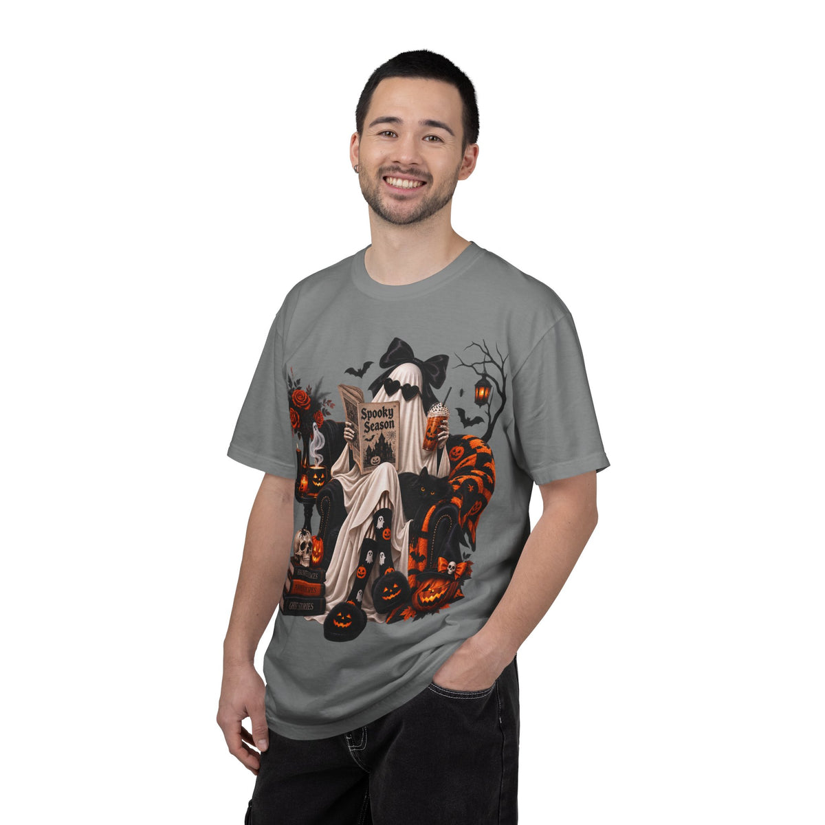 Halloween Ghost Reading T-Shirt — Spooky Pumpkin & 'Spooky Season' Graphic
