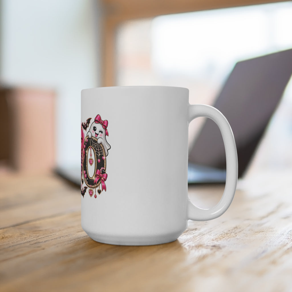 Halloween “Boo” Pink Leopard Ghost Mug — 15oz Cute Goth Coffee Cup
