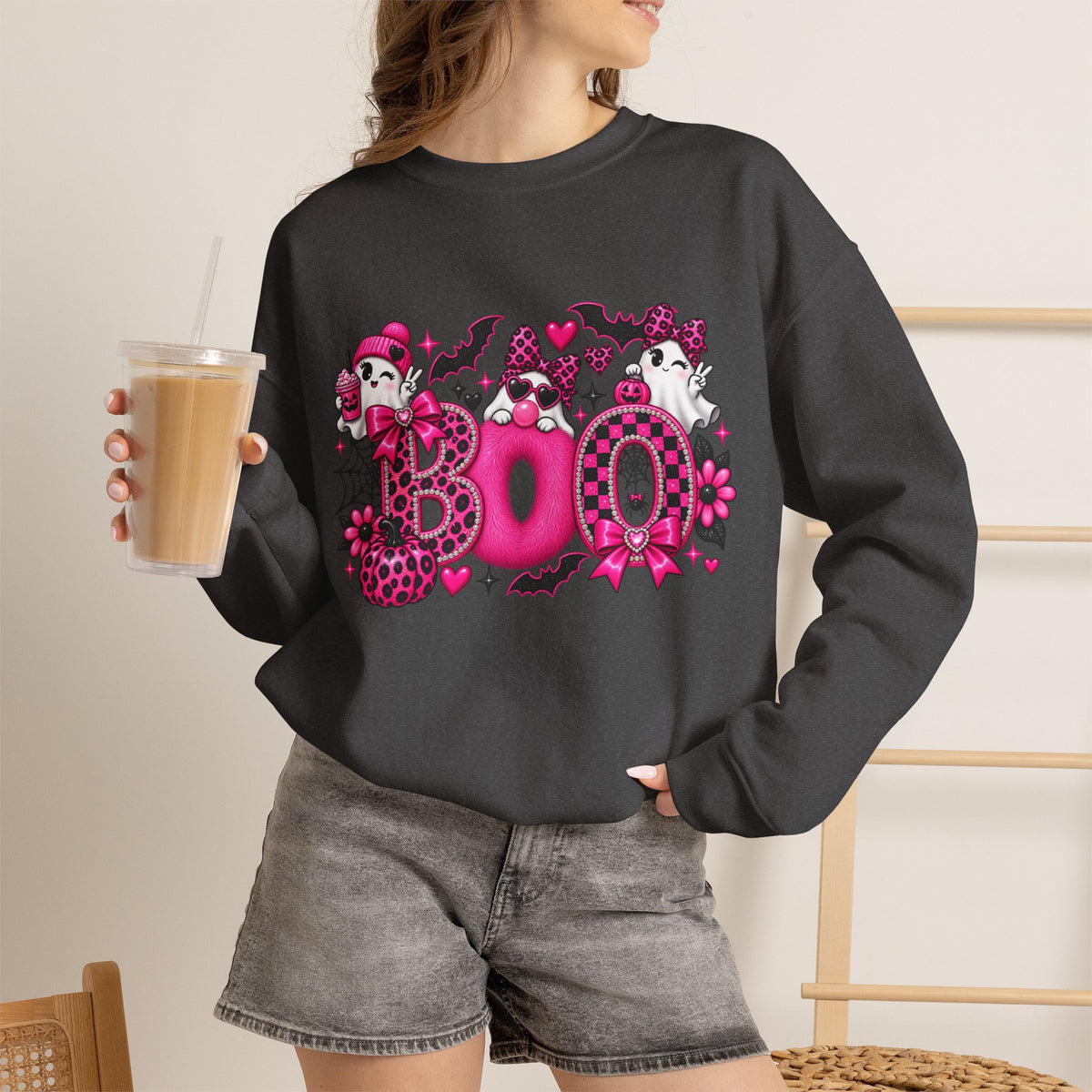 Halloween 'Boo' Graphic Sweatshirt — Cute Pink Ghosts & Bats Cozy Pullover