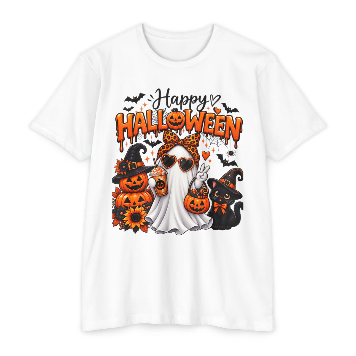 Halloween Ghost Tee - "Happy Halloween" Cute Pumpkin & Black Cat Graphic T-Shirt