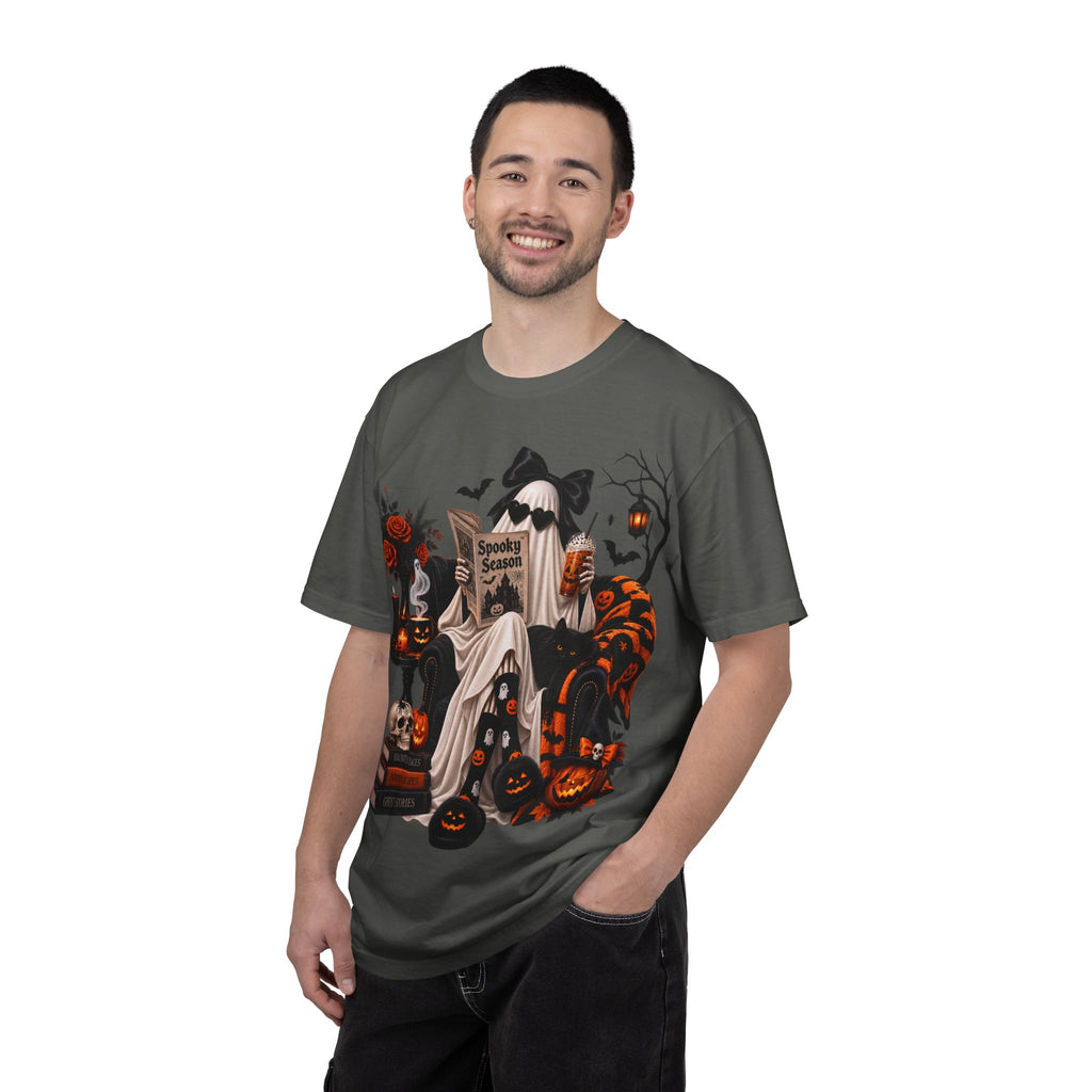 Halloween Ghost Reading T-Shirt — Spooky Pumpkin & 'Spooky Season' Graphic