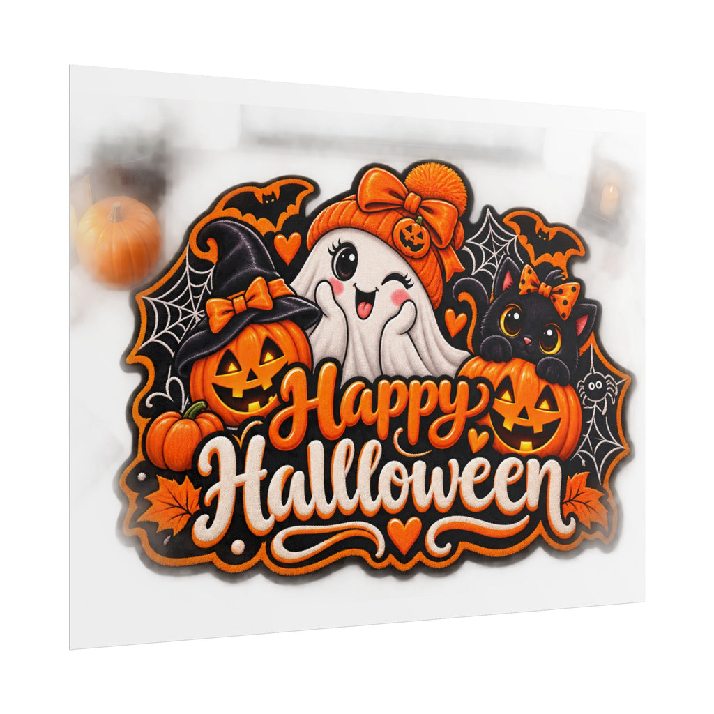 Happy Halloween Rolled Poster — Cute Ghost, Pumpkins & Black Cat Halloween Wall Art
