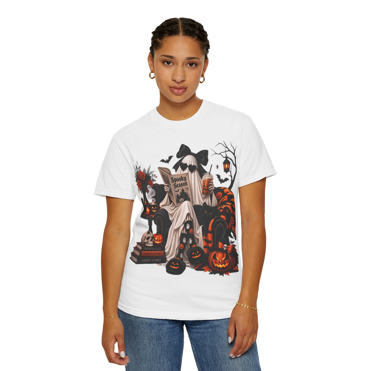 Halloween Ghost Reading T-Shirt — Spooky Pumpkin & 'Spooky Season' Graphic