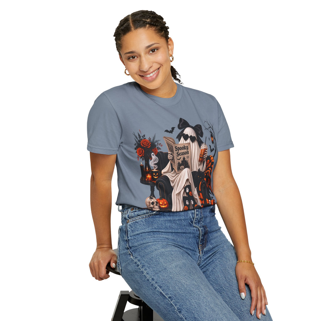 Halloween Ghost Reading T-Shirt — Spooky Pumpkin & 'Spooky Season' Graphic