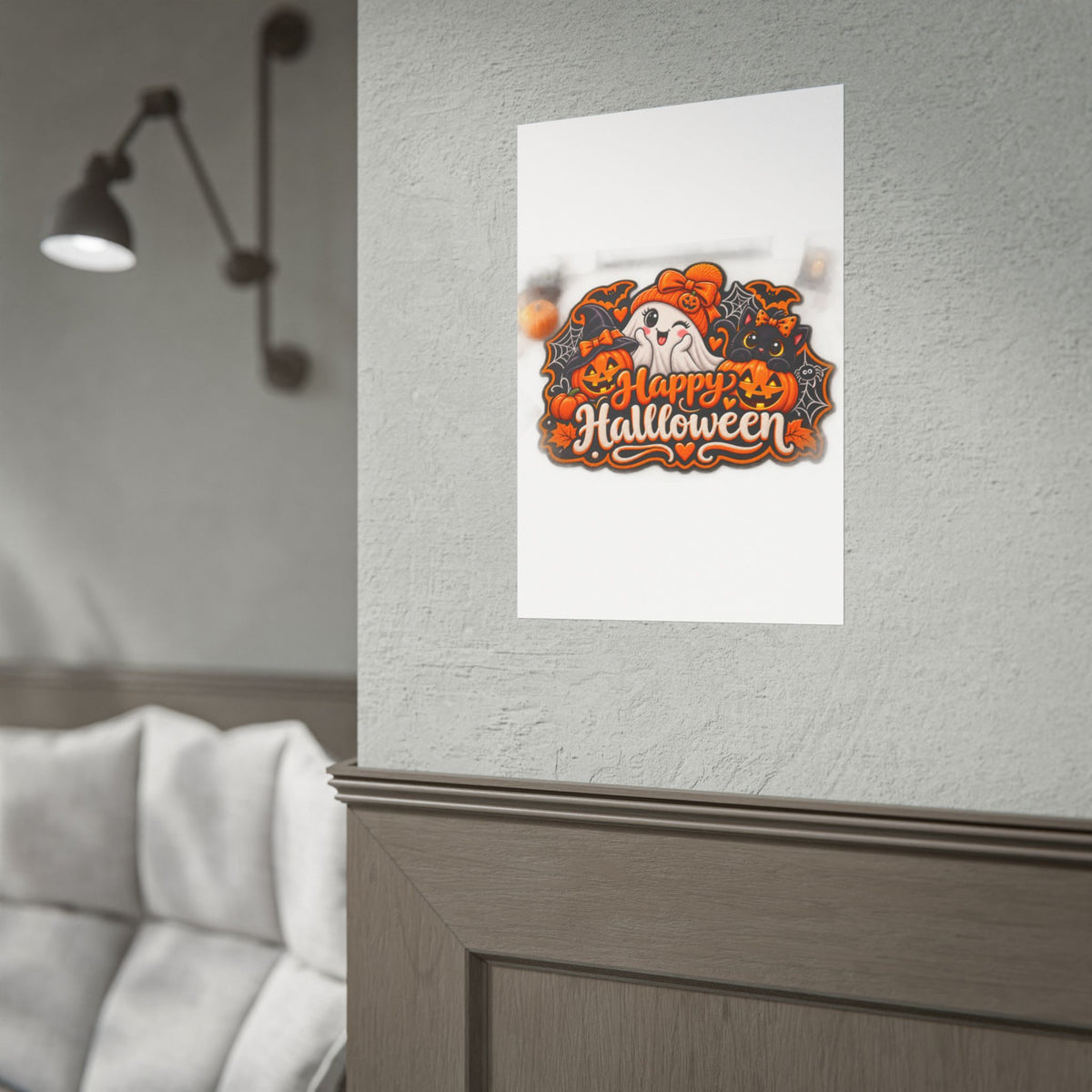 Happy Halloween Rolled Poster — Cute Ghost, Pumpkins & Black Cat Halloween Wall Art