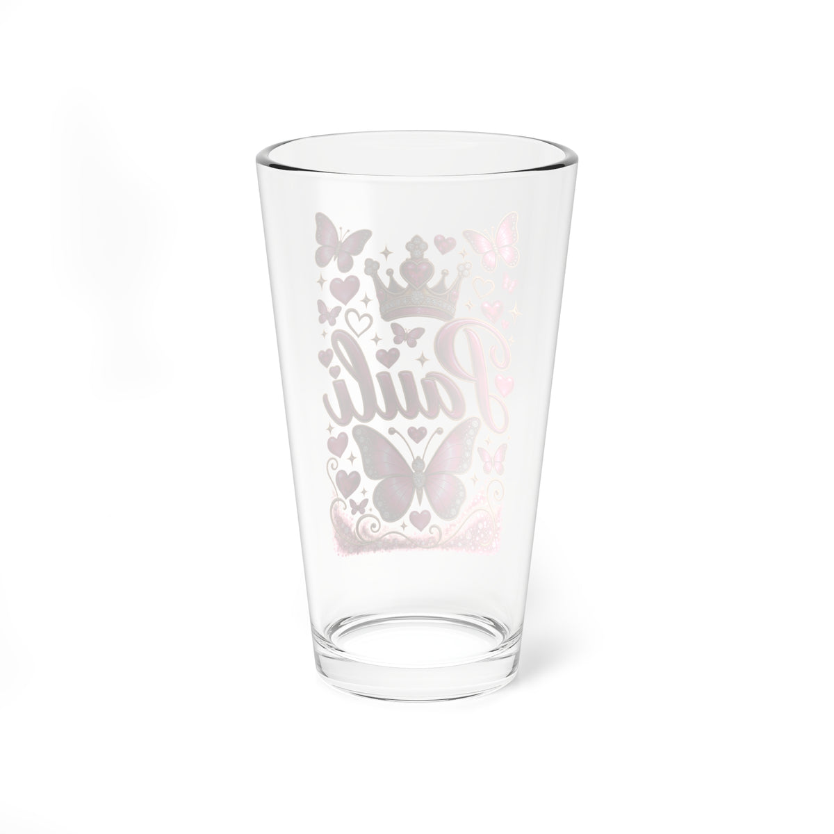 16oz Mixing Glass — Personalized 'Pauli' Pink Butterfly Crown Cocktail Shaker Glass