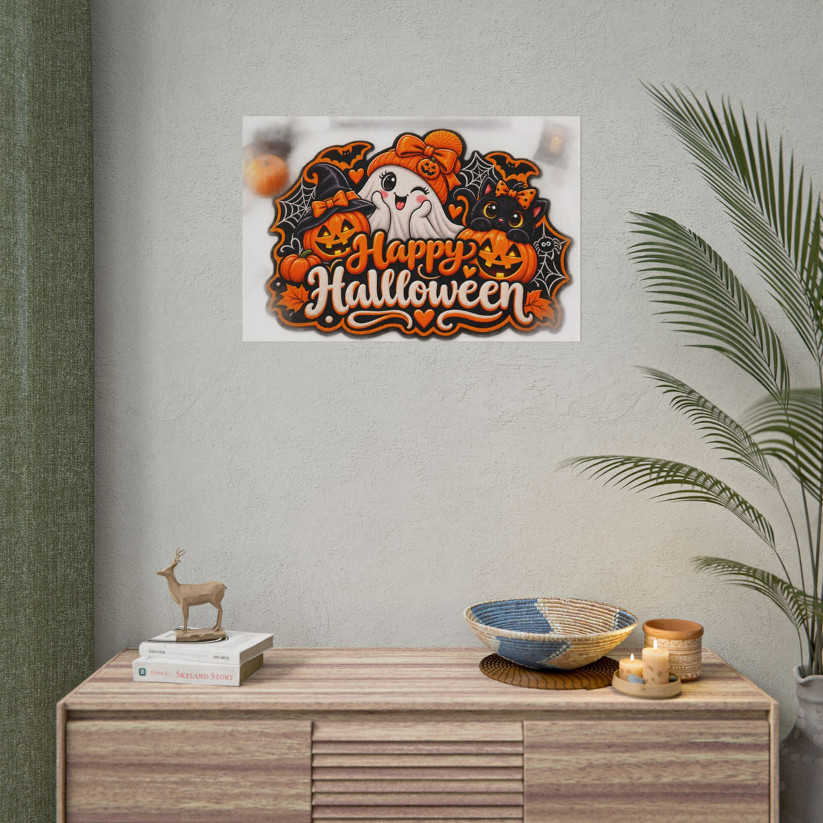 Happy Halloween Rolled Poster — Cute Ghost, Pumpkins & Black Cat Halloween Wall Art