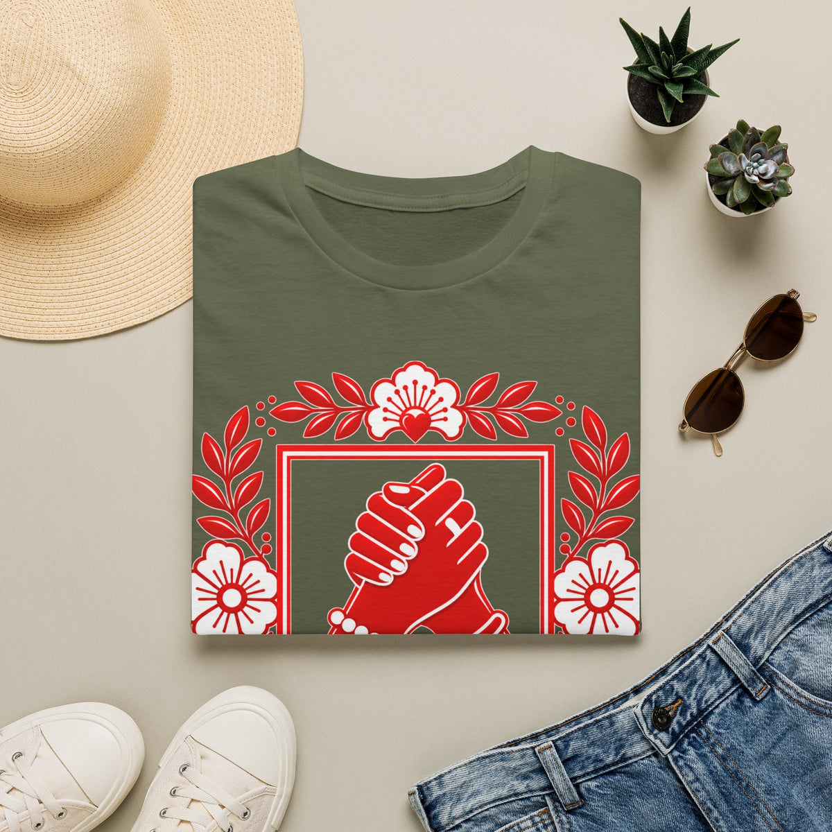 We Rise Together T-Shirt — Red Floral Unity Design