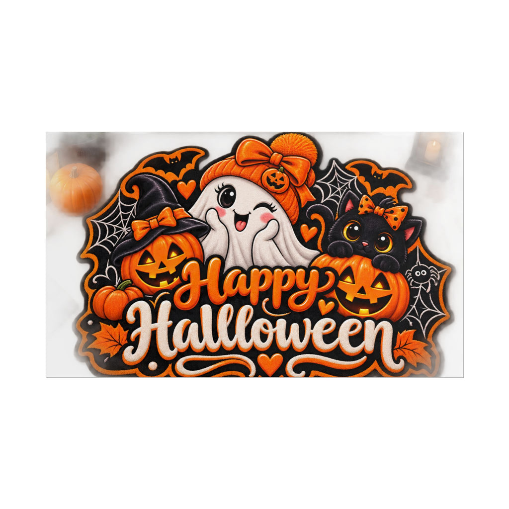 Happy Halloween Rolled Poster — Cute Ghost, Pumpkins & Black Cat Halloween Wall Art