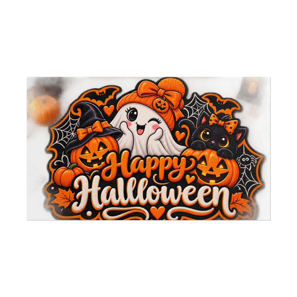 Happy Halloween Rolled Poster — Cute Ghost, Pumpkins & Black Cat Halloween Wall Art