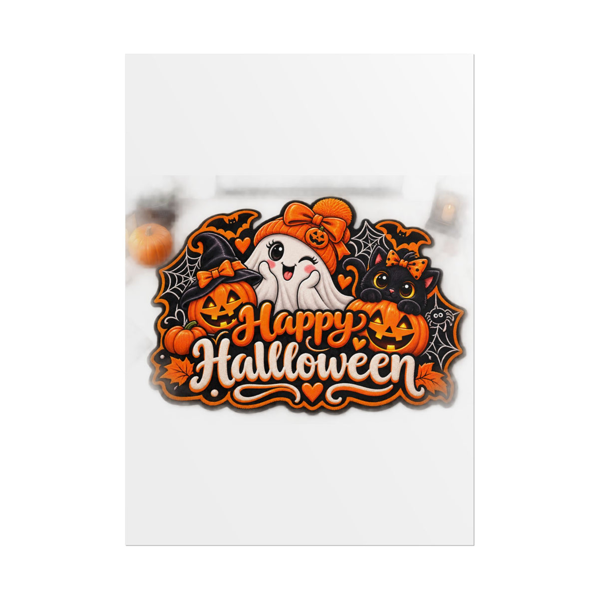 Happy Halloween Rolled Poster — Cute Ghost, Pumpkins & Black Cat Halloween Wall Art