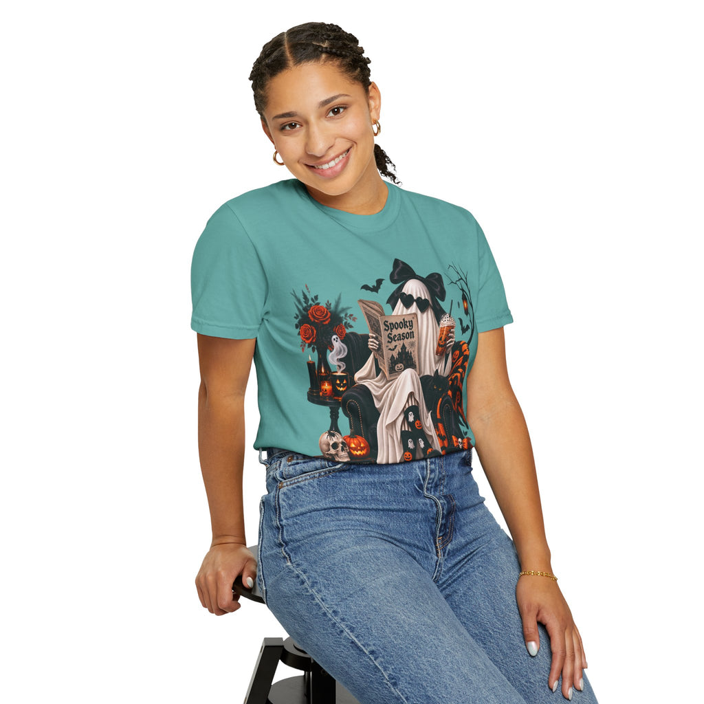 Halloween Ghost Reading T-Shirt — Spooky Pumpkin & 'Spooky Season' Graphic