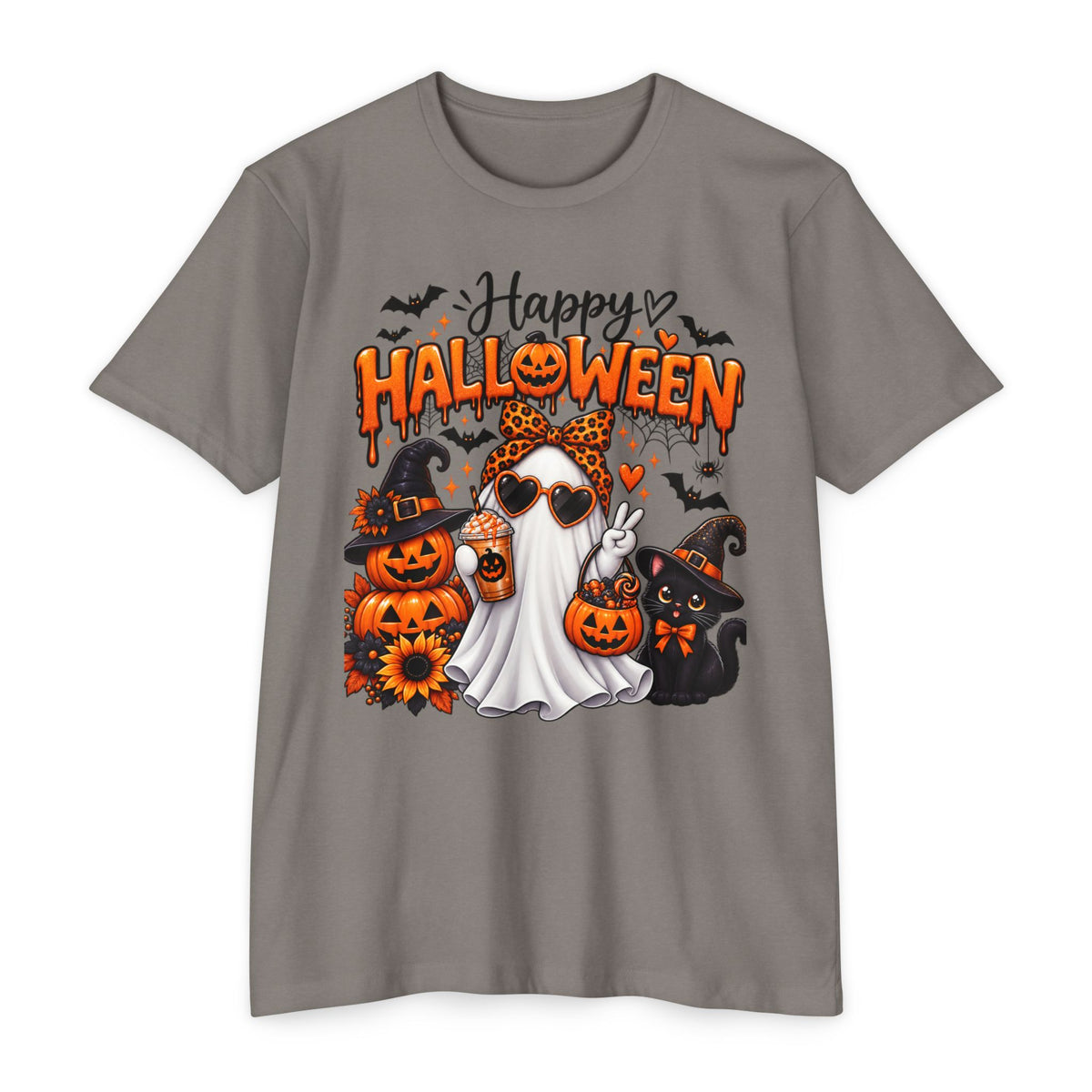 Halloween Ghost Tee - "Happy Halloween" Cute Pumpkin & Black Cat Graphic T-Shirt