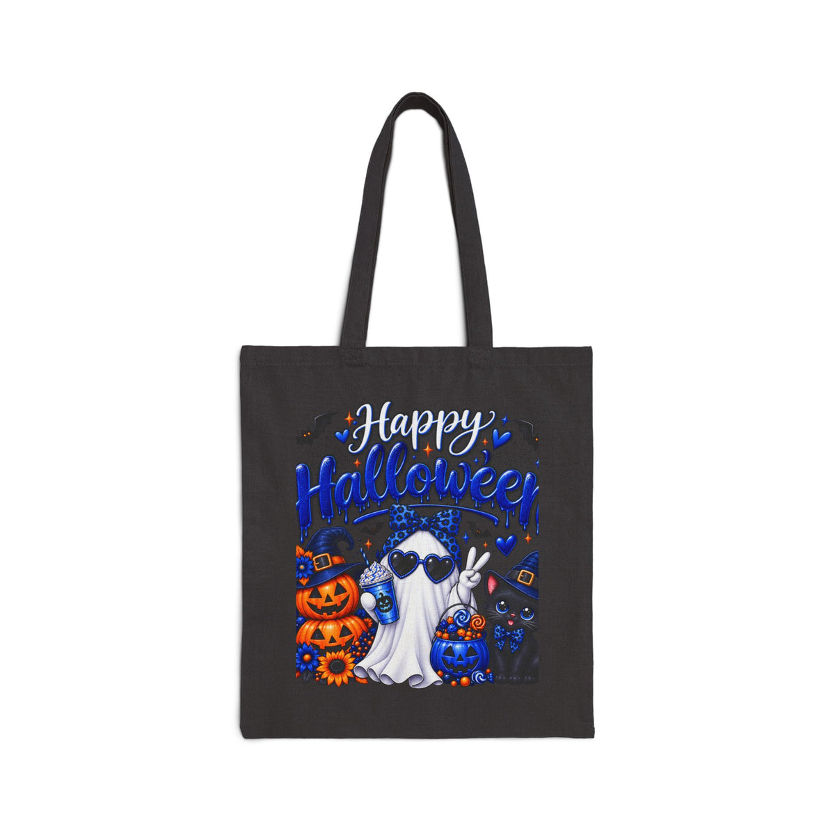 Halloween Ghost & Cats Cotton Tote Bag — "Happy Halloween" Trick-or-Treat Canvas Shopper