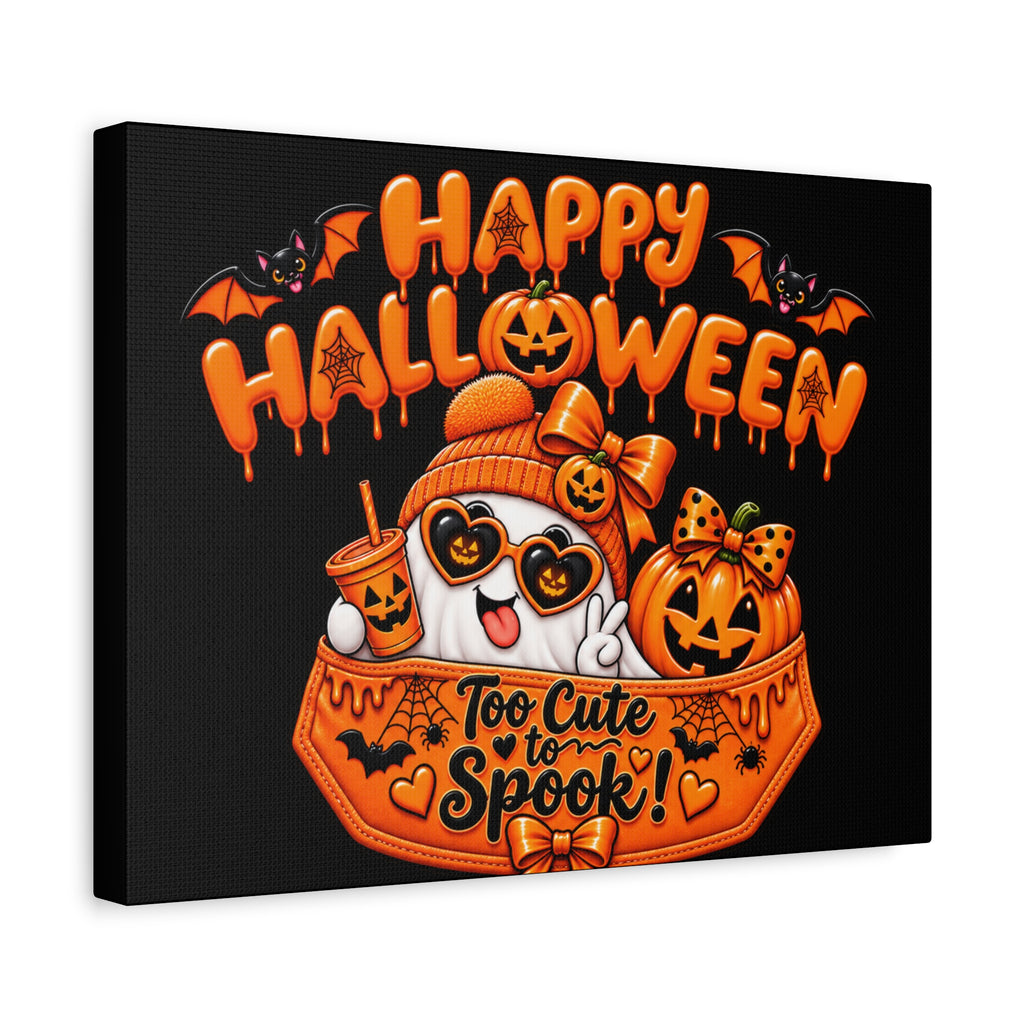 Happy Halloween Canvas — "Too Cute to Spook!" Kawaii Pumpkin Ghost Wall Art