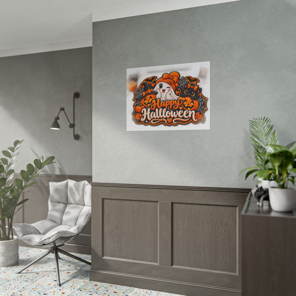Happy Halloween Rolled Poster — Cute Ghost, Pumpkins & Black Cat Halloween Wall Art