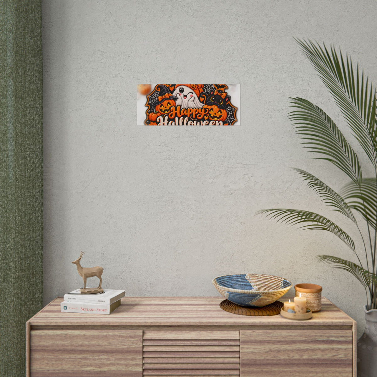 Happy Halloween Rolled Poster — Cute Ghost, Pumpkins & Black Cat Halloween Wall Art