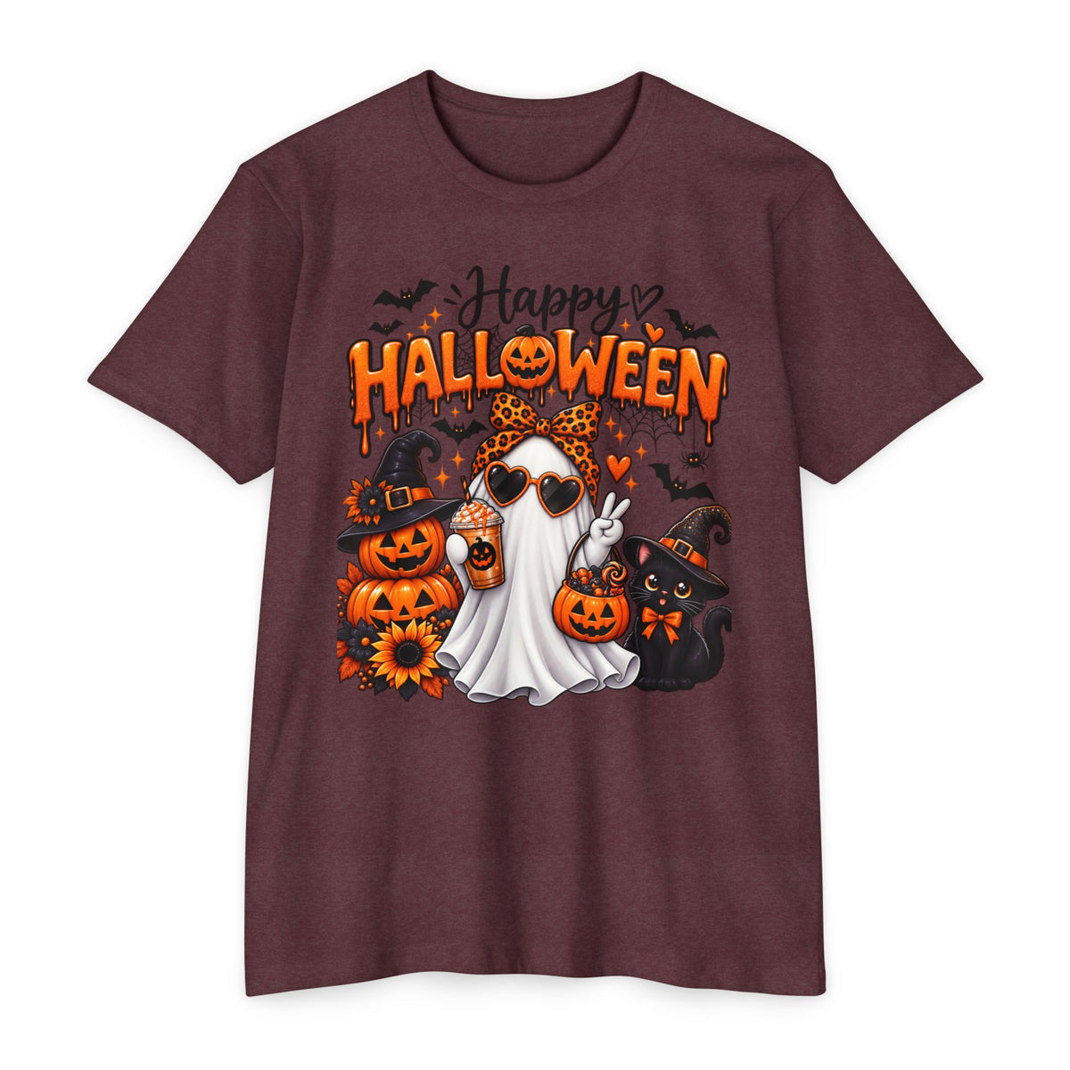 Halloween Ghost Tee - "Happy Halloween" Cute Pumpkin & Black Cat Graphic T-Shirt