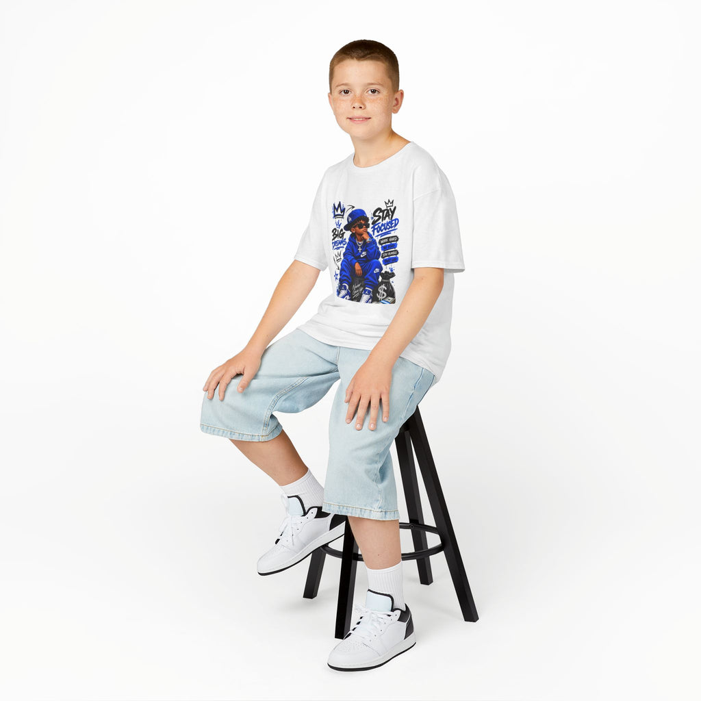 Kids Tee — Blue Streetwear King Graphic (Stay Focused)