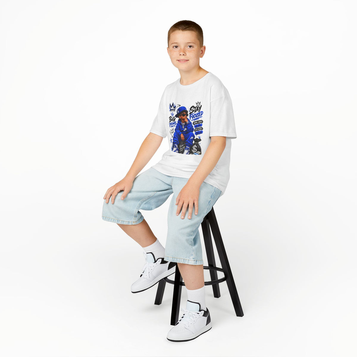 Kids Tee — Blue Streetwear King Graphic (Stay Focused)
