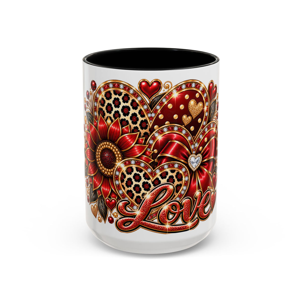 Love Heart Accent Coffee Mug — Red Leopard Floral Valentine Gift (11/15 oz)