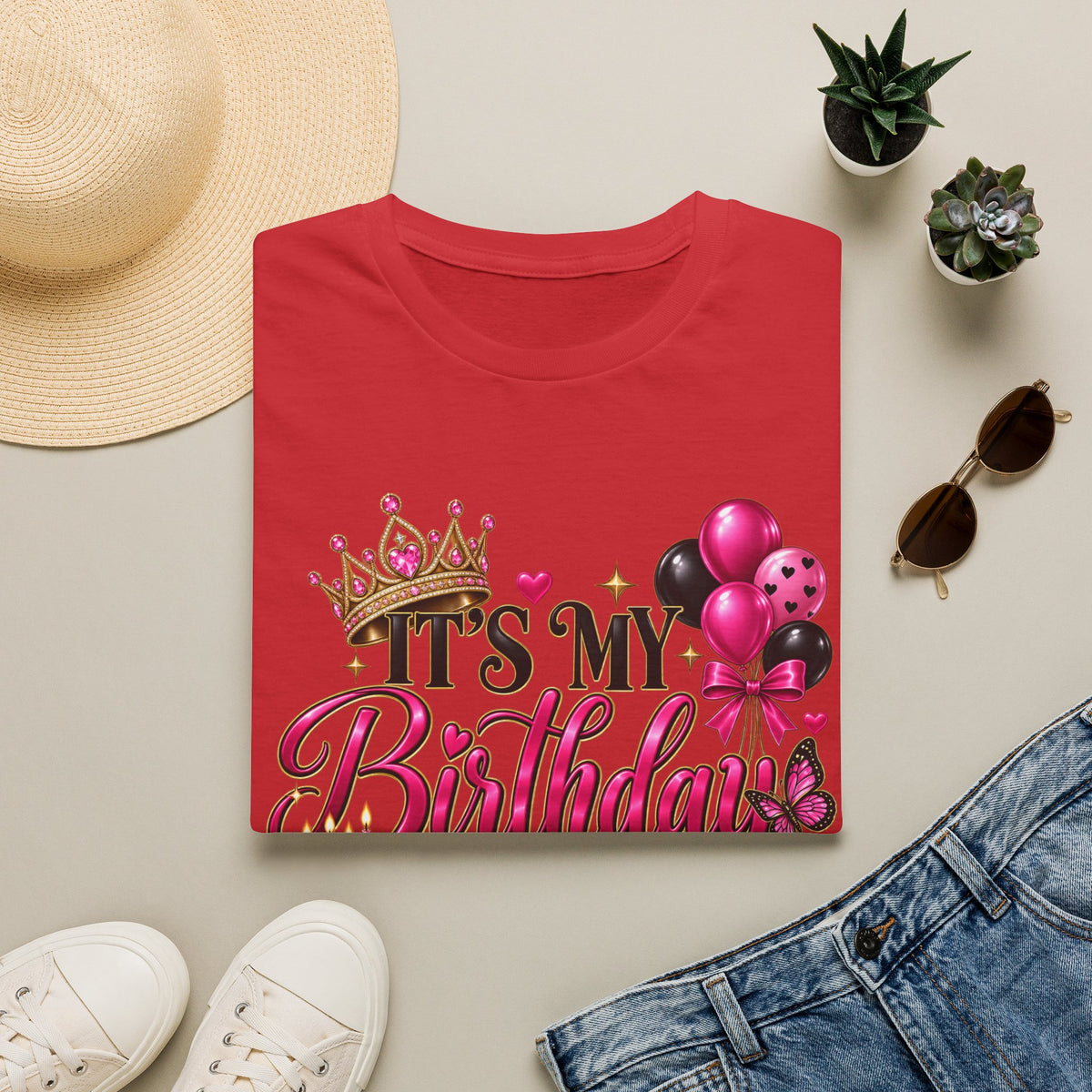 Birthday T-Shirt – “It’s My Birthday” Pink Crown & Balloons | Custom Birthday Shirt