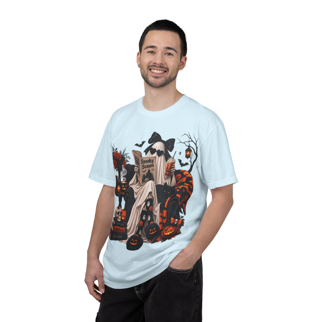Halloween Ghost Reading T-Shirt — Spooky Pumpkin & 'Spooky Season' Graphic