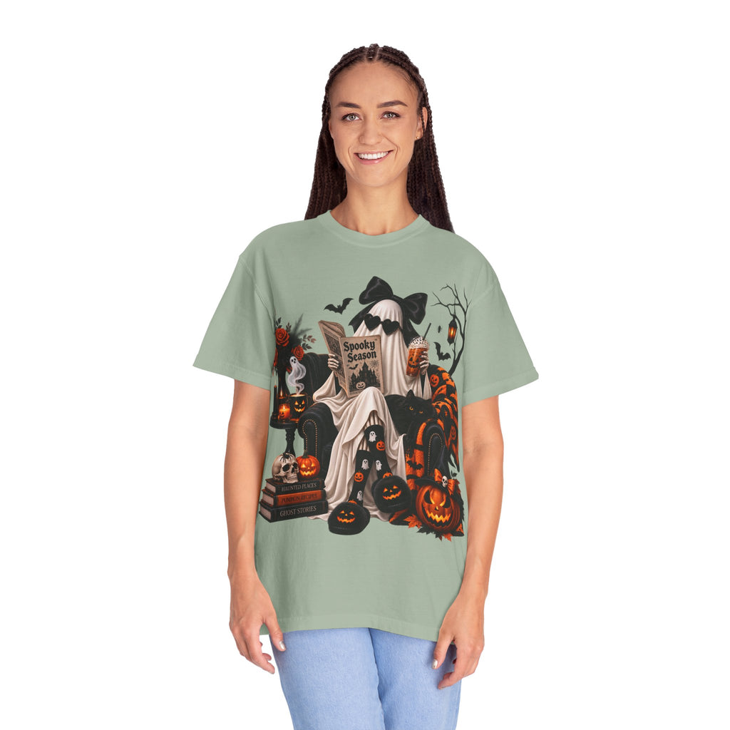 Halloween Ghost Reading T-Shirt — Spooky Pumpkin & 'Spooky Season' Graphic