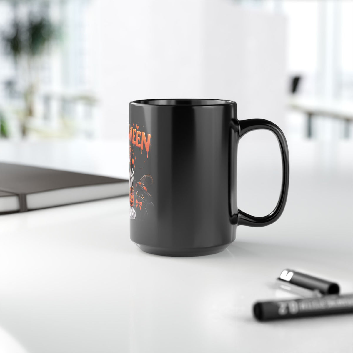 Halloween Ghost & Pumpkins Black Mug – Cute Spooky Coffee Cup (11oz/15oz)