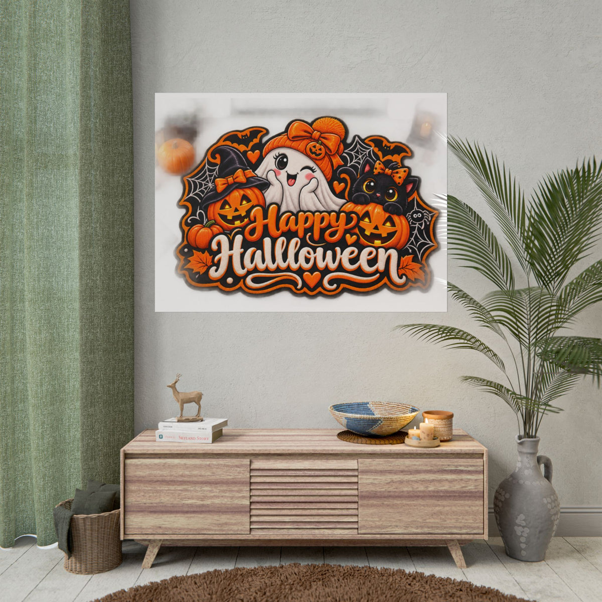 Happy Halloween Rolled Poster — Cute Ghost, Pumpkins & Black Cat Halloween Wall Art