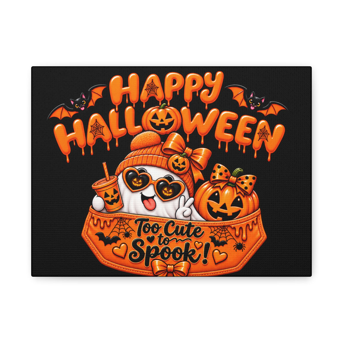 Happy Halloween Canvas — "Too Cute to Spook!" Kawaii Pumpkin Ghost Wall Art