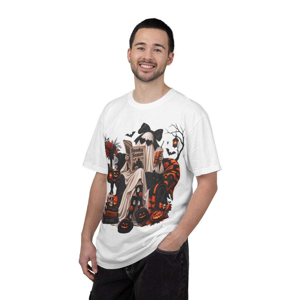 Halloween Ghost Reading T-Shirt — Spooky Pumpkin & 'Spooky Season' Graphic