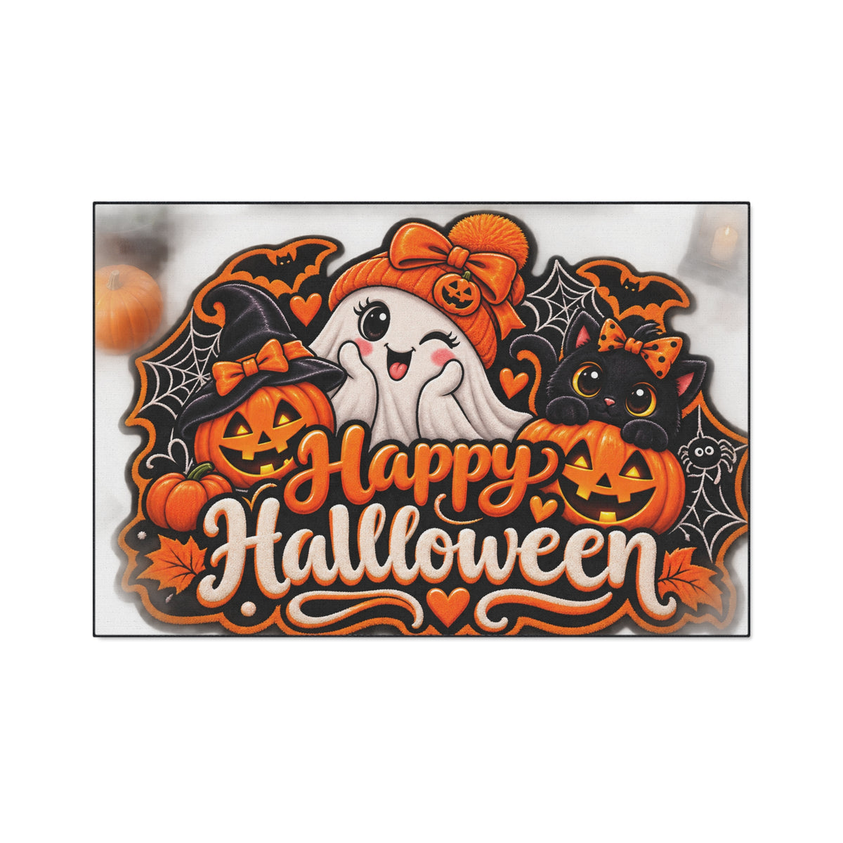 Halloween Doormat - Happy Halloween Cute Ghost & Black Cat Heavy Duty Floor Mat