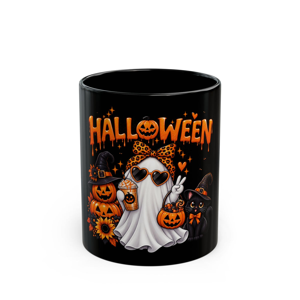 Halloween Ghost & Pumpkins Black Mug – Cute Spooky Coffee Cup (11oz/15oz)