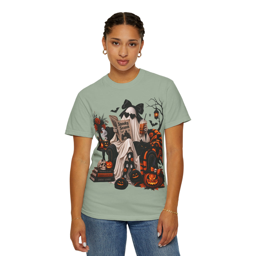 Halloween Ghost Reading T-Shirt — Spooky Pumpkin & 'Spooky Season' Graphic