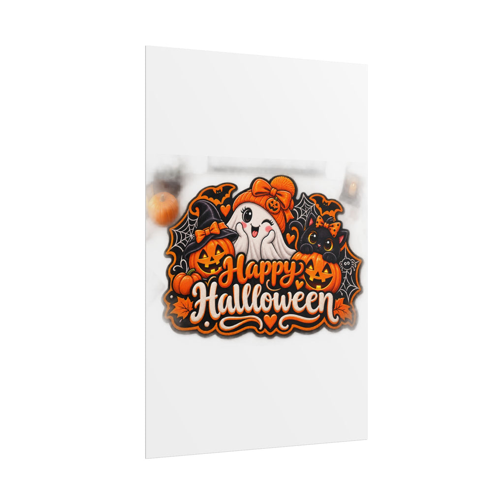 Happy Halloween Rolled Poster — Cute Ghost, Pumpkins & Black Cat Halloween Wall Art