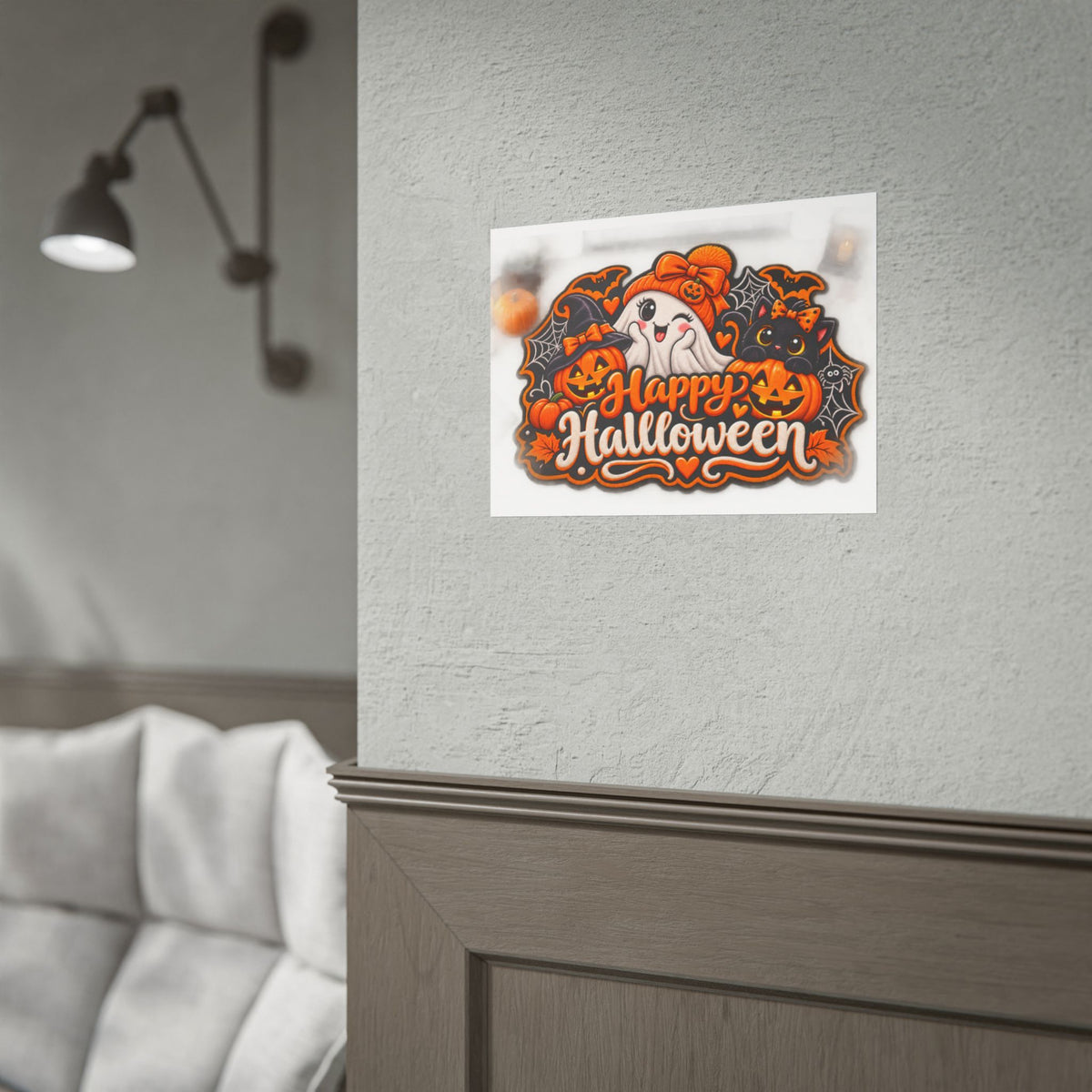 Happy Halloween Rolled Poster — Cute Ghost, Pumpkins & Black Cat Halloween Wall Art