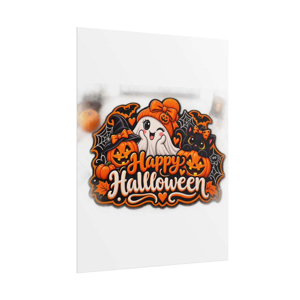 Happy Halloween Rolled Poster — Cute Ghost, Pumpkins & Black Cat Halloween Wall Art