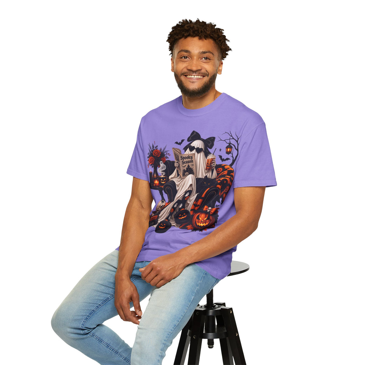 Halloween Ghost Reading T-Shirt — Spooky Pumpkin & 'Spooky Season' Graphic