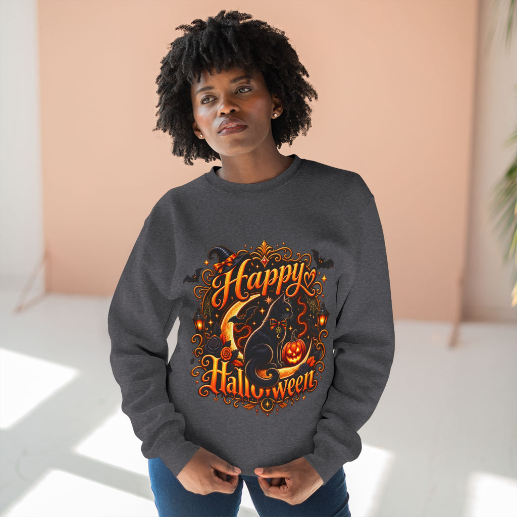 Happy Halloween Crewneck Sweatshirt — Festive Pumpkin & Witch Hat Holiday Sweater
