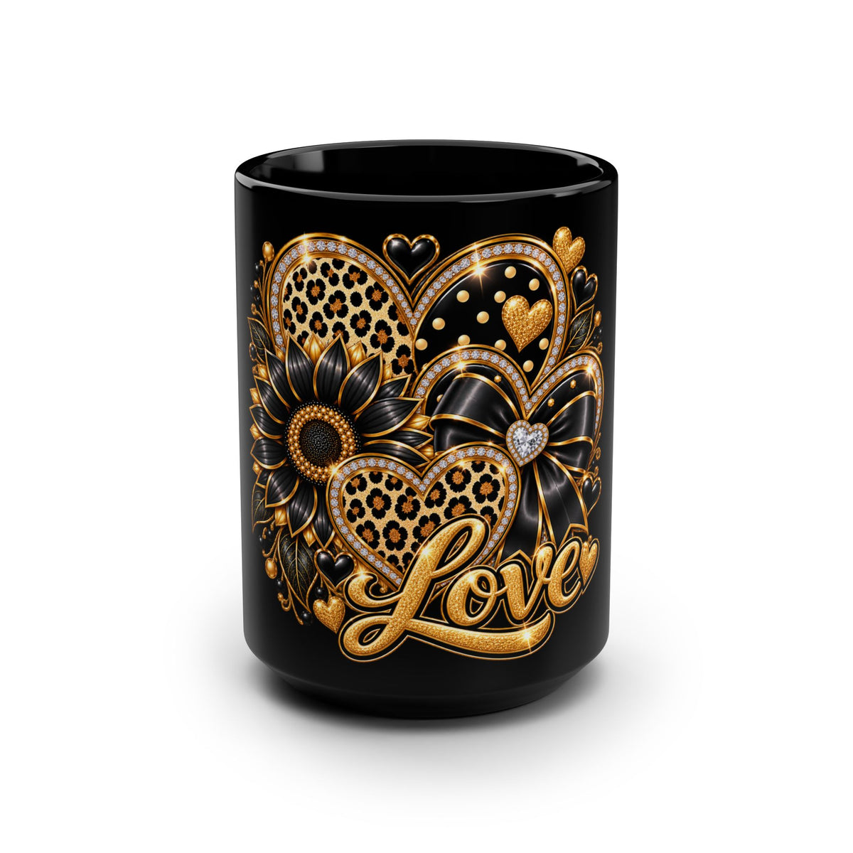 Love Leopard Gold Heart Black Mug – 15oz Glam Coffee Cup