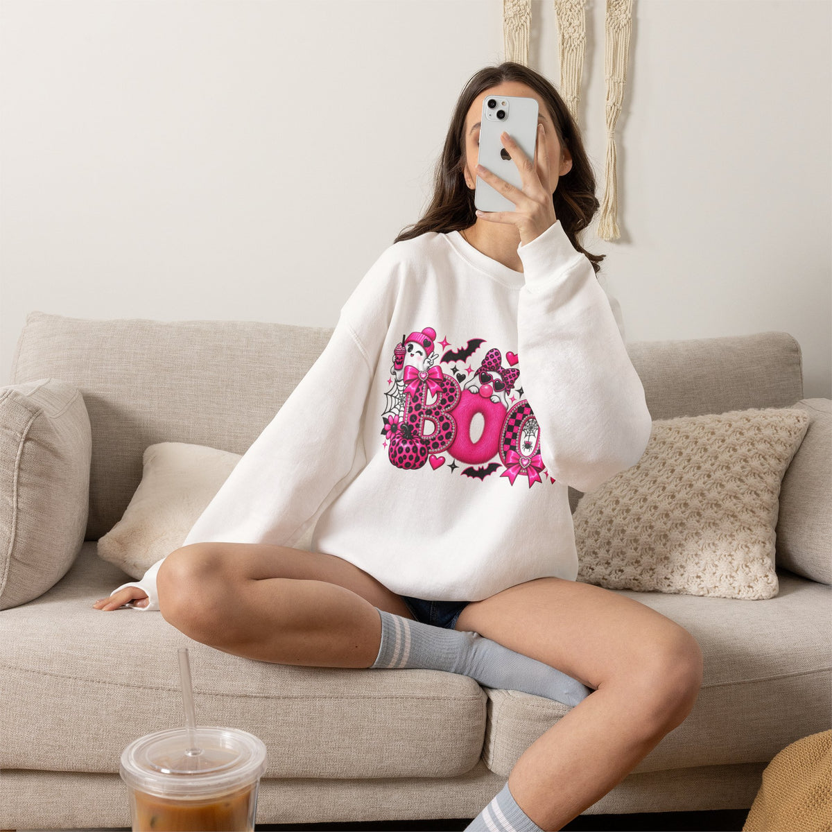 Halloween 'Boo' Graphic Sweatshirt — Cute Pink Ghosts & Bats Cozy Pullover