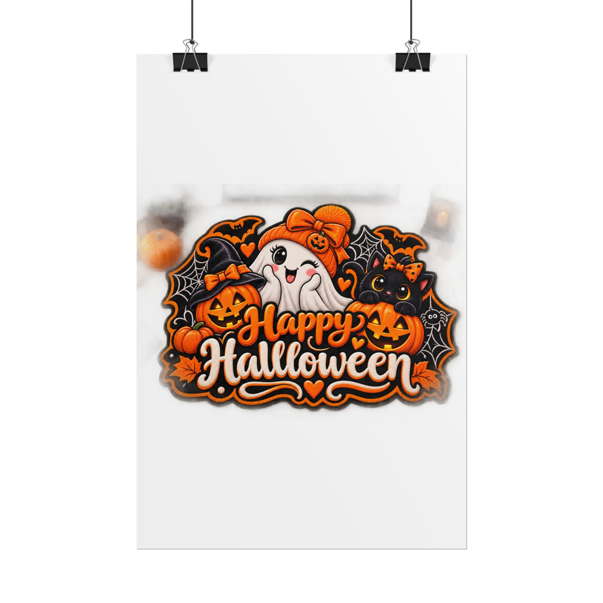 Happy Halloween Rolled Poster — Cute Ghost, Pumpkins & Black Cat Halloween Wall Art