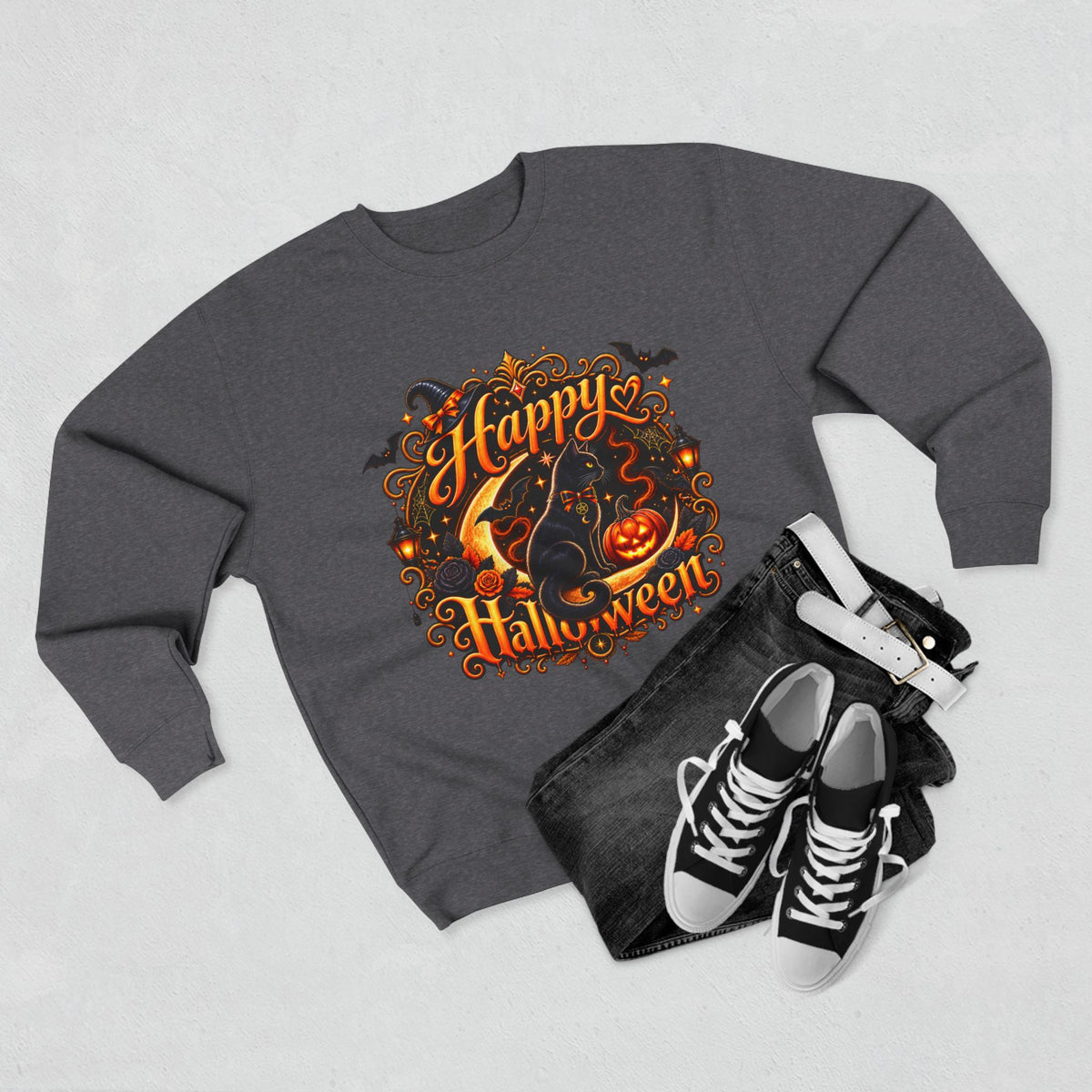 Happy Halloween Crewneck Sweatshirt — Festive Pumpkin & Witch Hat Holiday Sweater