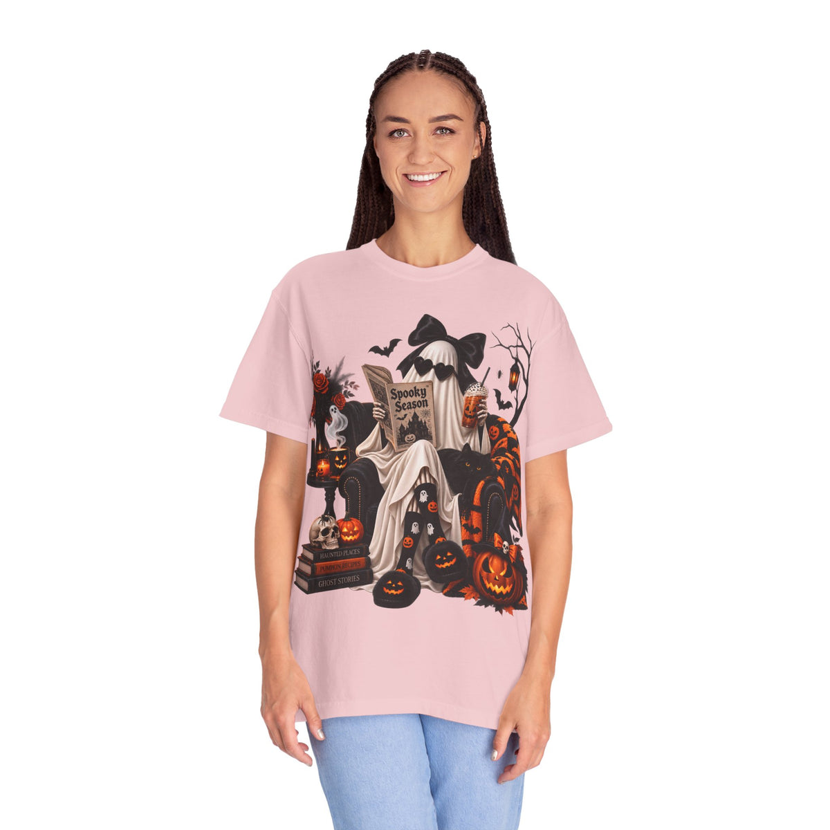 Halloween Ghost Reading T-Shirt — Spooky Pumpkin & 'Spooky Season' Graphic