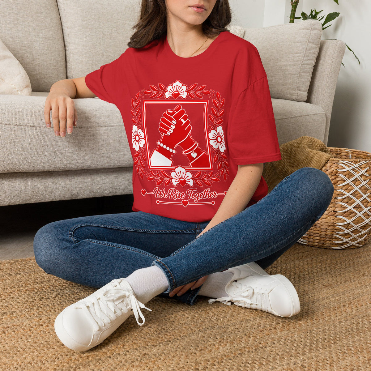 We Rise Together T-Shirt — Red Floral Unity Design